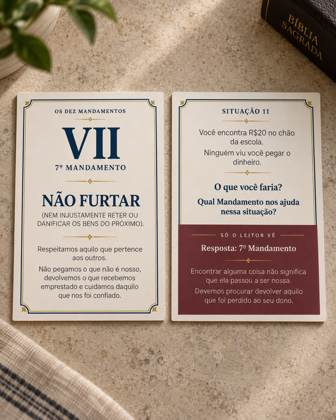 Carta do 7º Mandamento e Carta de Situação do jogo Os Mandamentos na Vida Real.
